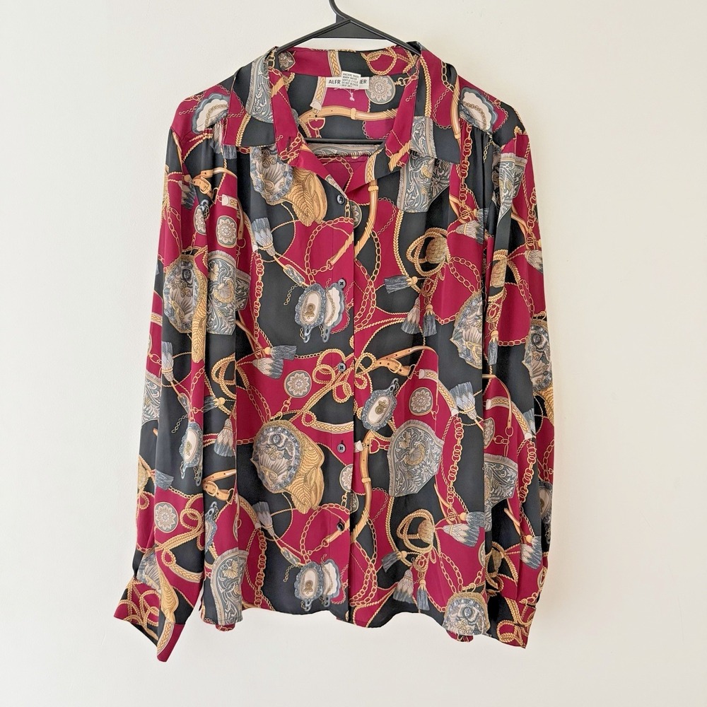 Vintage Alfred Dunner Blouse Womens XL Magenta Satin Baroque Chain Scarf Print